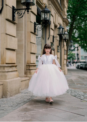 Bow Sleeves White Lace Tulle Flower Girl Dress